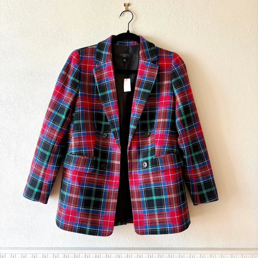 New Talbots Petite Tartan Plaid Sequin Wool Blend Double Breasted Open Blazer 2P